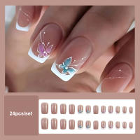 24pcs/set Uñas Postizas Cortas De Acrílico Estilo Francés Con Diseño De Flores Y Mariposas Para La Temporada De Primavera Y Verano Artículos De Belleza Para Uñas - details 43