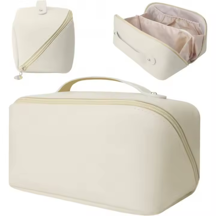 Bolsa de Cosméticos Grande de viaje, Organizador de Cosméticos, Bolsa de maquillaje de alta capacidad, Bolsa de almacenamiento de piel óptica, beige, Hermoso - 1