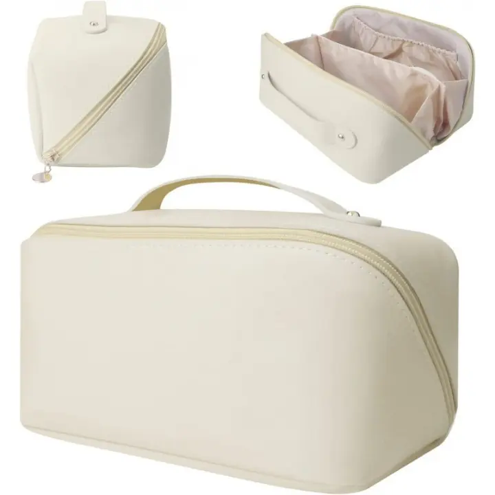 Bolsa de Cosméticos Grande de viaje, Organizador de Cosméticos, Bolsa de maquillaje de alta capacidad, Bolsa de almacenamiento de Piel Óptica, beige, Hermoso - 1