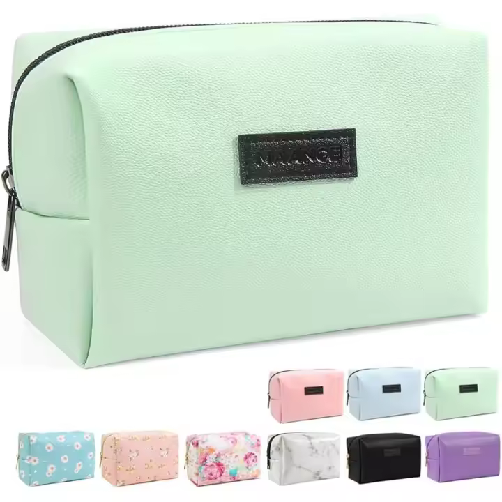 Neceser pequeño de viaje para cosméticos, neceser de piel sintética, portátil, versátil, con cremallera, para mujer (verde) - 1