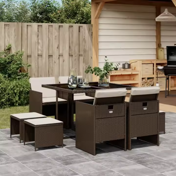 vidaXL Set comedor para jardín 9 pzas y cojines ratán sintético marrón - 1