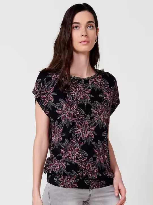 Koroshi Camiseta manga corta estampado de flores, para mujer en color negro - 1