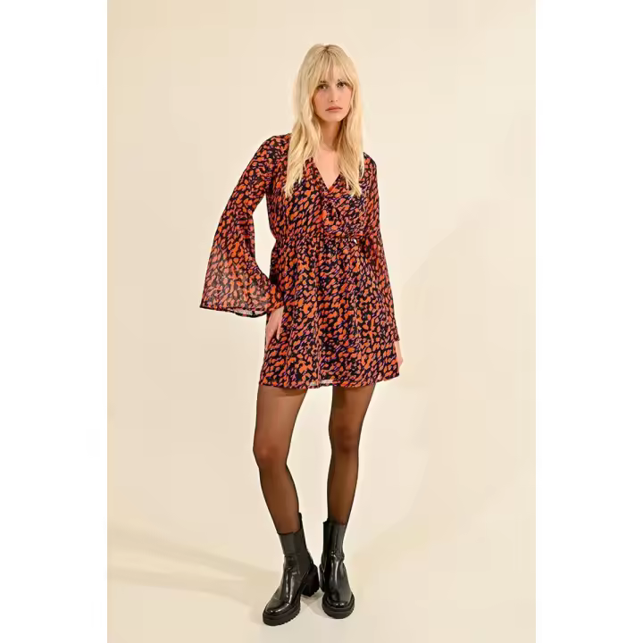 LILI SIDONIO TL374CN VESTIDO CORTO DE MANGA LARGA CON ESTAMPADO NARANJA Y MORADO - 1