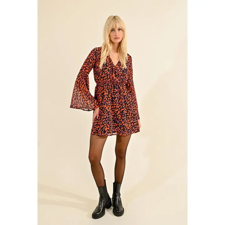 LILI SIDONIO TL374CN VESTIDO CORTO DE MANGA LARGA CON ESTAMPADO NARANJA Y MORADO - 1