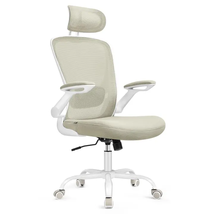 Silla de Oficina, Escritorio de Malla, Giratoria Ergonómica, Soporte Lumbar, Oscilante, Asiento de 53 cm, Apoyabrazos Abatibles, Reposacabezas, Beige y Negro - 1