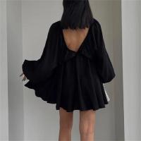 Vestido De Mujer Estilo Oficina Con Cuello V Y Manga Puff Sin Espalda Color Sólido A-Line Longitud Mini Decoración Pliegues - details 2