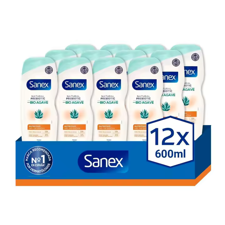 Gel de ducha o baño Sanex Natural Prebiotic de Bio Agave hidratante 600ml.Pack 12 - 1
