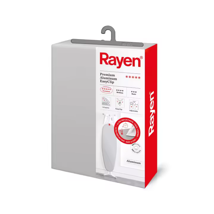 Rayen | Funda Tabla de Planchar | Funda de Planchar Ajustable | Sistema EasyClip | 4 capas: Espuma, Muletón, tejido 100% Algodón y Aluminio | Gama Premium | Medida: 130x47 cm | Gris Claro - 1