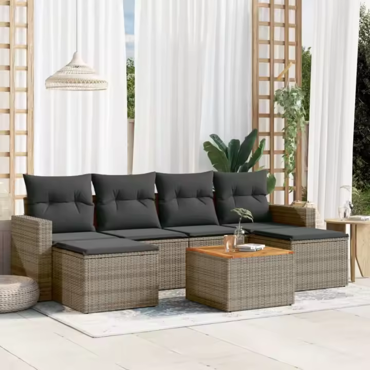 vidaXL Set de sofás de jardín 7 piezas con cojines ratán PE gris - 1