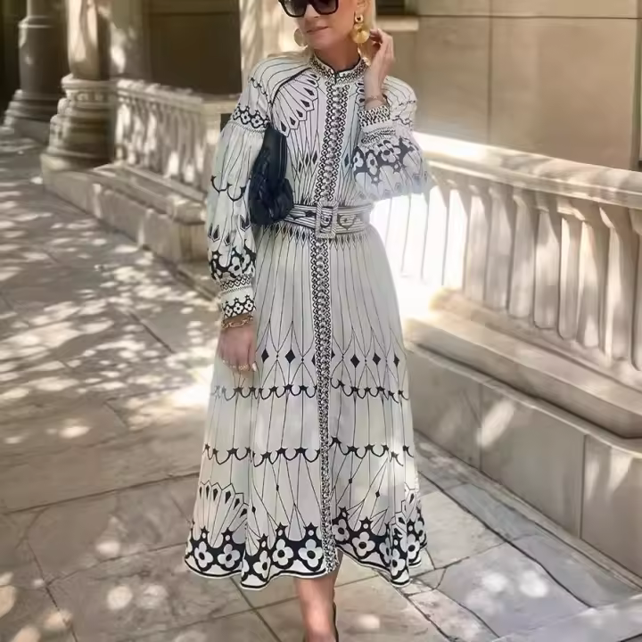 Vestido Bohemio Elegante Para Mujer Verano 2024 Estampado Retro A-line Largo Con Cinturón Estante Elegante Para Banquete - 1