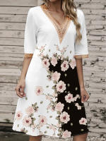Vestido Corto Impreso Verano Con Cuello V Y Encaje Talla Grande Hasta La Rodilla Para Mujer Estilo Casual Polyester - details 18