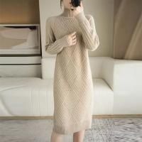 Abrini Suéter De Lana Mujer Otoño Invierno Vestido Elegante Lady Office Mock Neck Ribbed Solido A-Line Pullover De Cuello Alto - details 4
