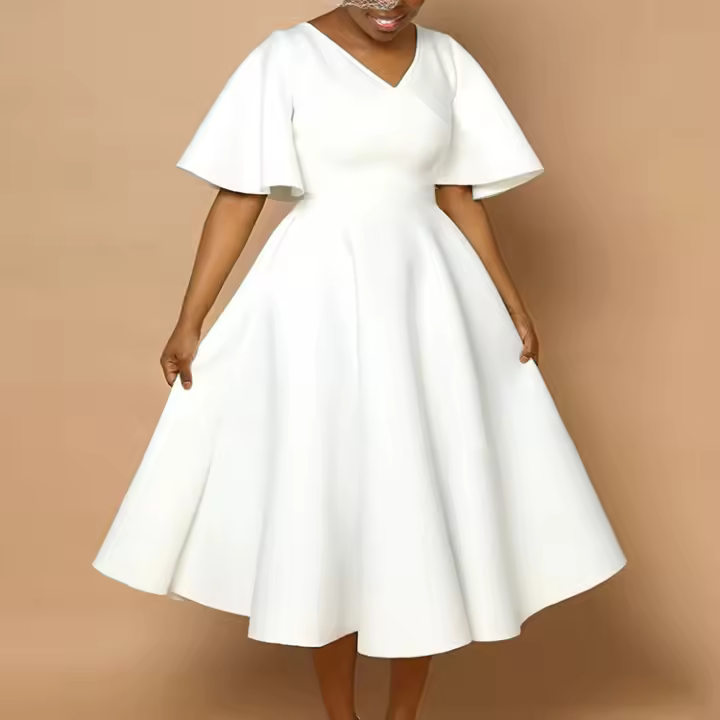 Vestido Elegante Para Mujer Con Cuello En V Manga Flare Cintura Alta Plisada A-Line Largo Medio Luxurioso Para Cumpleaños Y Dinner - 1