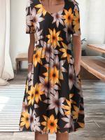 Vestido Corto Elegante Para Mujer Con Cuello Redondo Y Estampado Manga Corta Primavera Verano A-Line Midi Polyester - details 8