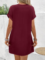 Vestido Corto De Color Sólido Con Cuello Redondo Cintura Ajustada Y Falda A-line Que Esculpe Y Oculta Las Imperfecciones. Hecho De Alta Elasticidad Y Poliéster Para Mujer. - details 7