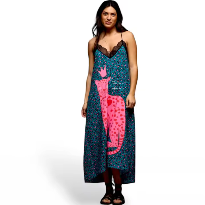 Anabel Lee - Vestido Pantera Rosa Animal Print Leopardo Azul y Negro - 1