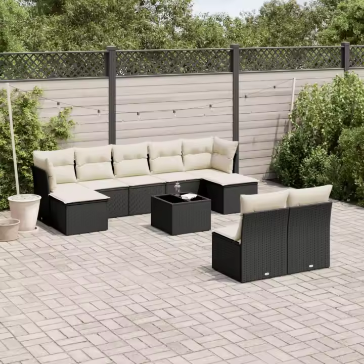 vidaXL Set de sofás de jardín 10 pzas cojines ratán sintético negro - 1