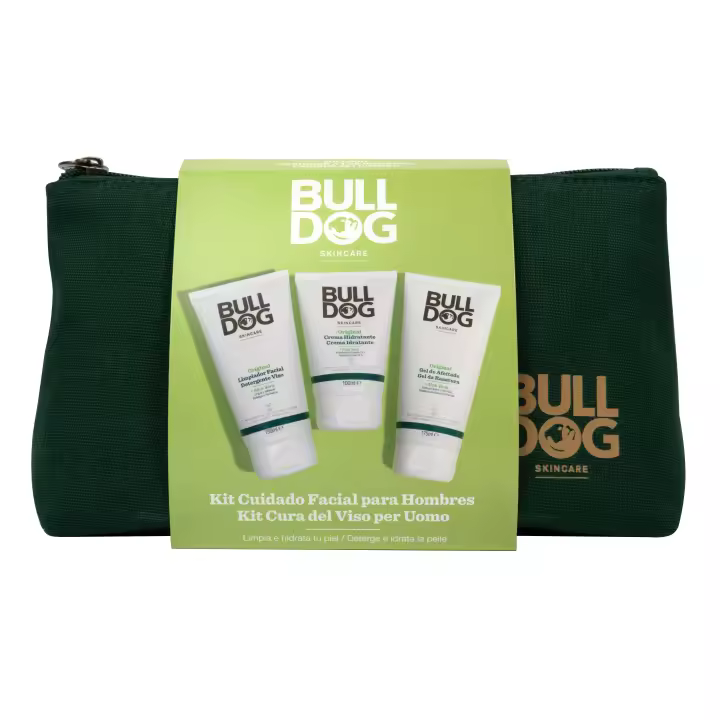 Bulldog Skincare - Neceser Cuidado Facial Hombre, Incluye: Limpiador Facial 150 ml + Gel de Afeitado 175 ml + Crema Hidratante 100 ml y Neceser de Tela Sostenible - 1