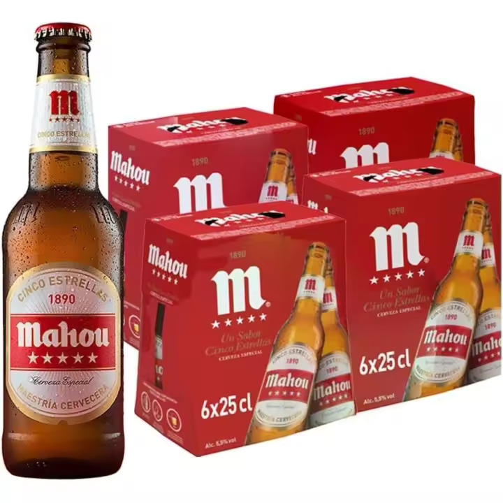MAHOU 5 ESTRELLAS  Cerveza Lager Especial -  4xPack 6 botellas cristal  250ml - Total 24 botellas - 1