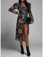 Vestido De Mujer Moda Cuello En V Manga Larga Estampado Cintura Ajustable Falda Asimétrica Abertura Frontal Largo Hasta El Tobillo Para Banquete Y Reuniones - details 11