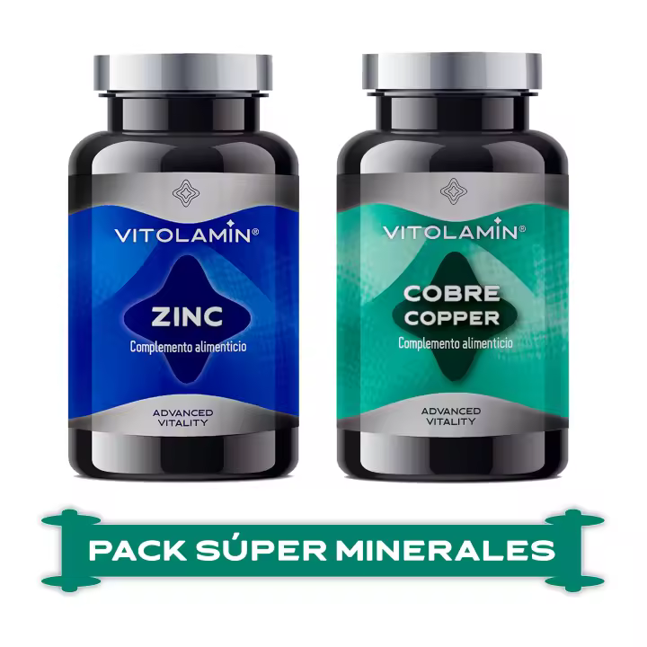 Vit Ol Amin Pack ZINC - COBRE | Minerales para el buen estado del cabello, la piel y las uñas, son muy útiles en periodos de pre-menopausia o post-embarazo y en tratamientos de obesidad hormonal | Natural 100%, sin gluten, sin lactosa, sin-OGM, Vegano. - 1