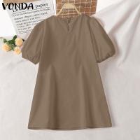 VONDA Vestido Mini De Verano Para Mujer Elegante Corto Con Mangas Flounce Estilo Casual Solido Cuello Redondo Vestido De Fiesta De Playa - details 8