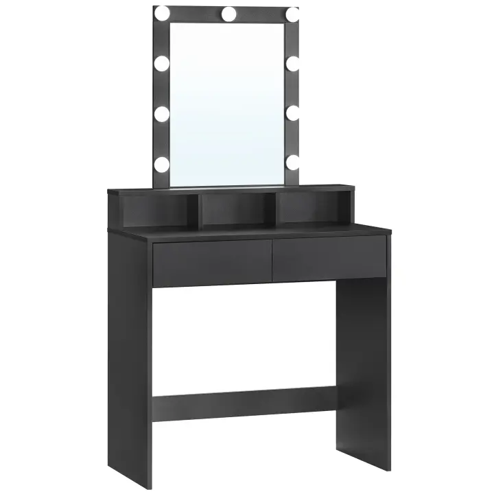 VASAGLE Tocador, Luces LED con Brillo Ajustable, Mesa de Maquillaje con Espejo, 2 Cajones y 3 Compartimentos, Moderno, Negro - 1