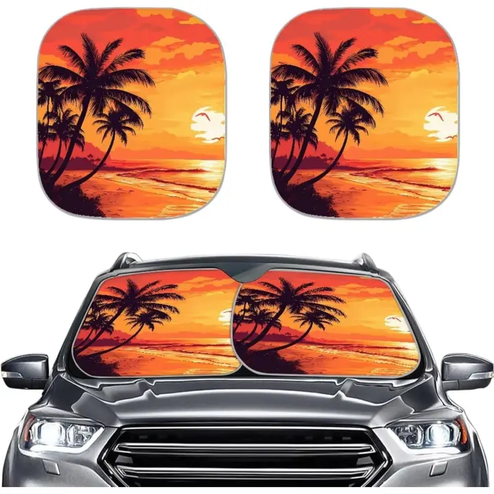 Parasol universal para parabrisas de coche, diseño de palmeras de playa, 2 unidades, bloquea los rayos UV. - 1