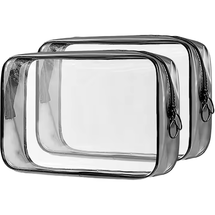 Paquete de 2 bolsas de maquillaje transparentes grandes de 8,5 pulgadas, aprobadas por la TSA, bolsas de cosméticos transparentes resistentes al agua para llevar en el equipaje de mano, bolsas de viaje transparentes para artículos esenciales de viaje, bol - 1