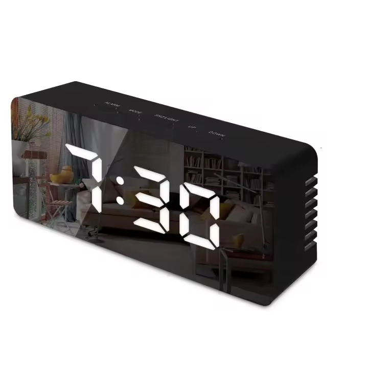 Reloj despertador digital con espejo, LED, control de temperatura, función de repetición, espejo de maquillaje con control de voz, brillo ajustable, color negro, talla única (F05) - 1