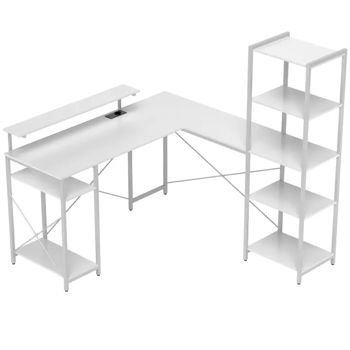 HOMCOM Escritorio esquinero en forma de L, escritorio con almacenamiento 137 cm - enchufe integrado, soporte para monitor, soporte para CPU y estante de almacenamiento, escritorio de ordenador para oficina en casa, espacio pequeño, blanco - 1