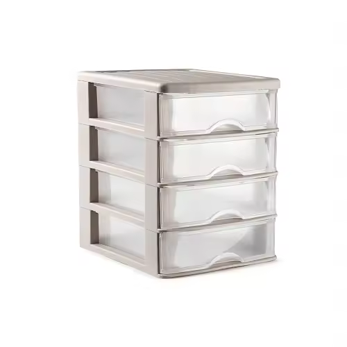 CABLEPELADO Torre de Almacenamiento con 4 cajones, Cajonera de plástico, Torre de almacenaje, Organizador de escritorio, 23 cm alto x 17.5 cm ancho x 21.5 cm fondo, Apto para escritorio, Beige - 1