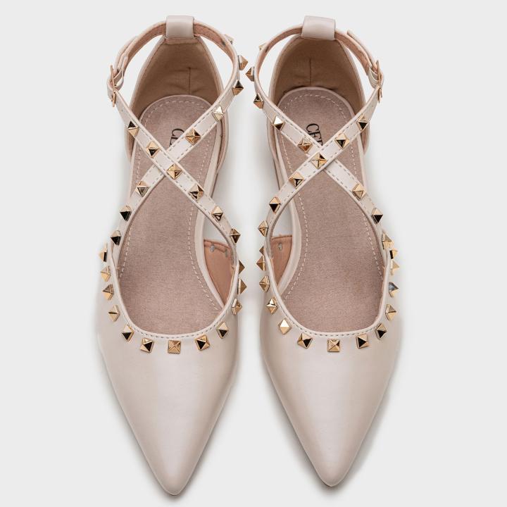 Zapatos Planos con Tacón Bajo con Tachuelas y Punta Fina, Bailarinas Mujer Puntera Fina con Tiras Cruzadas y Tachuelas Metálicas Estilo Rock Chic