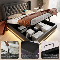 Cama de almacenamiento hidráulico de Material de PU Negro, Cabeza de Cama de almacenamiento with Carga USB type C, función LED de 3 lados (with colchón) - details 3