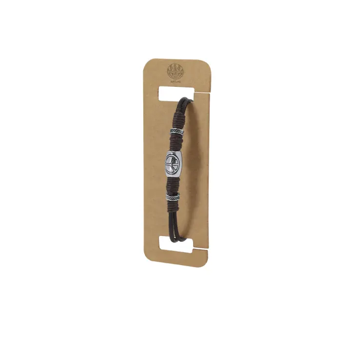 Lote de 20 a 50 Pulseras Piel Marrón Adornada con el símbolo de la Paz en Cartón de regalo - Detalles y regalos para invitados de bodas, comuniones, celebraciones, regalos para graduaciones, navidades, hombres, mujeres, adolescentes, unisex - 1