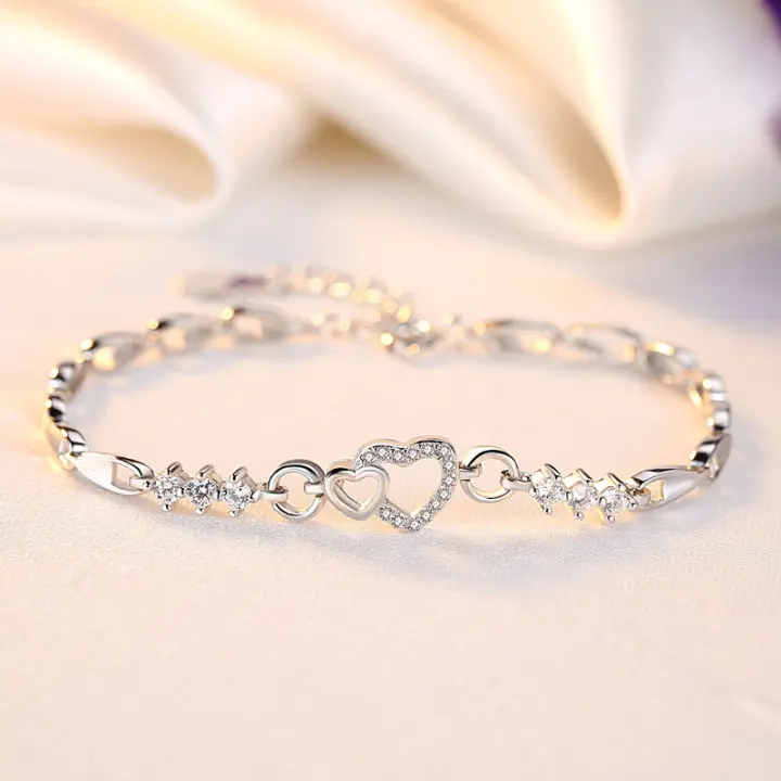 Pulsera de Zirconio Cristal Morado y Corazón de Plata 925 Joyería de Encanto para Mujeres Gift de Pulsera de Charme - 1
