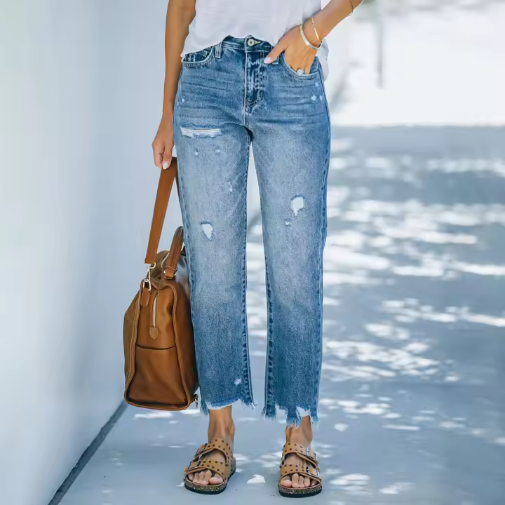 High Waist Ripped Denim Jeans Para Mujer Pantalones Slim Cargados De Moda Casual Jeans Cortos Rectos Talla S M L XL XXL Ropa Femenina - 1