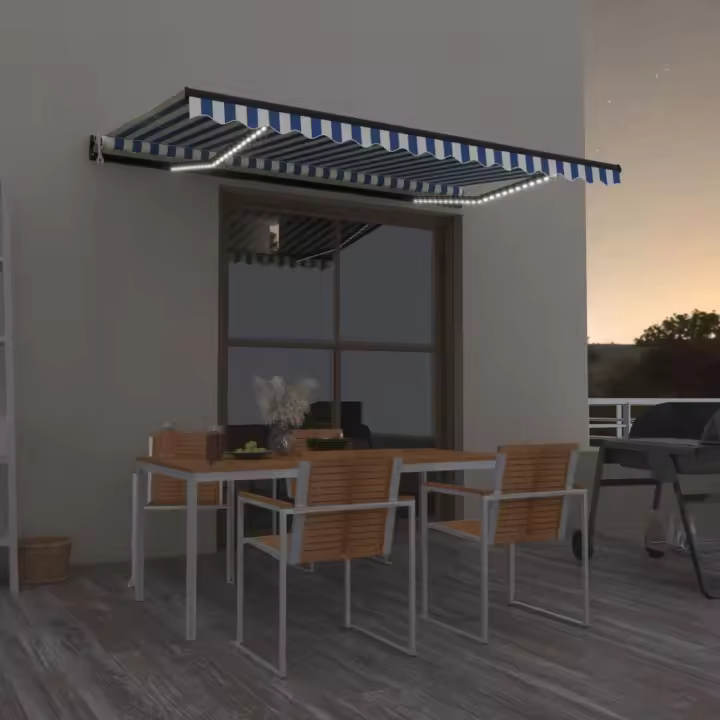 vidaXL Toldo automático LED sensor de viento azul y blanco 450x300 cm - 1
