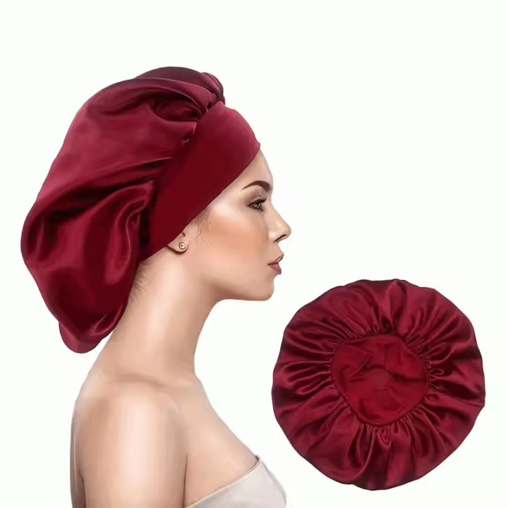IMAXWAVE Gorro de satén para dormir cabello rizado con banda elástica ancha, anti frizz, protector de rizos y retención de humedad para mujeres y niñas, Gorro de ducha, Elástico, Rojo - 1