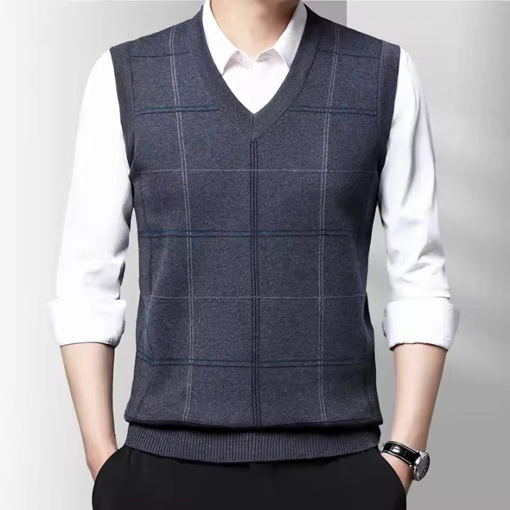 Suéter Casual Para Hombres Chaqueta De Téjido Grueso Transpirable Y Cómoda Para Gym Estilo Smart Casual Con Patrón Rayado Cuello En V Sin Mangas Para Otoño E Invierno - 1