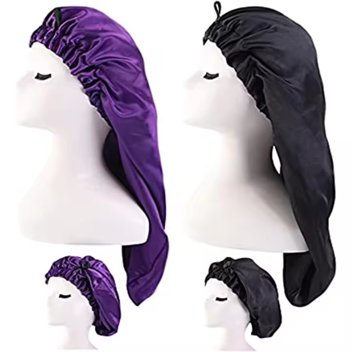 Gorro de satén largo para dormir (2 unidades) para mujer, gorro de seda para niñas, gorro grande de satén para dormir, protección para cabello largo y rizado. - 1
