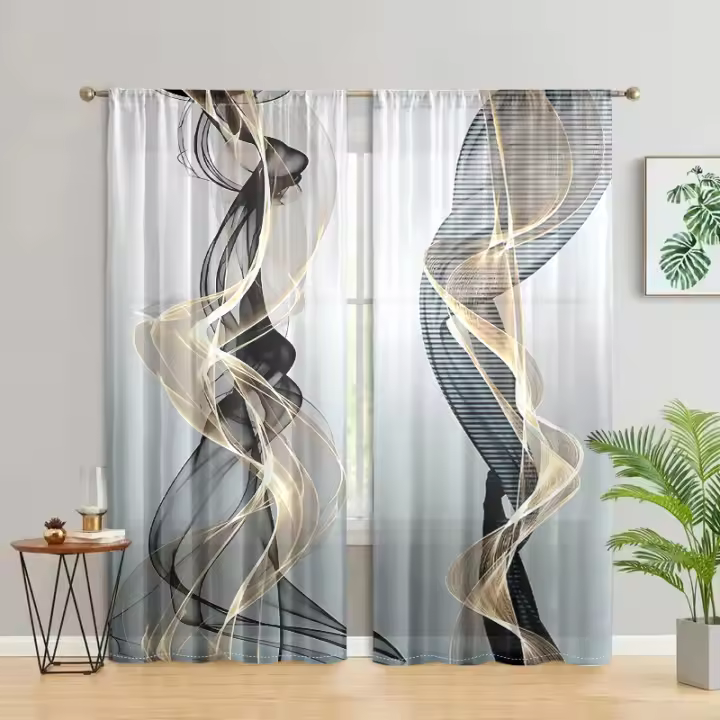 2 Piezas Cortinas De Arte Abstracto Aesthetic Impresión Línea Translúcidas Para Decoración De Sala De Estar Y Dormitorio - 1