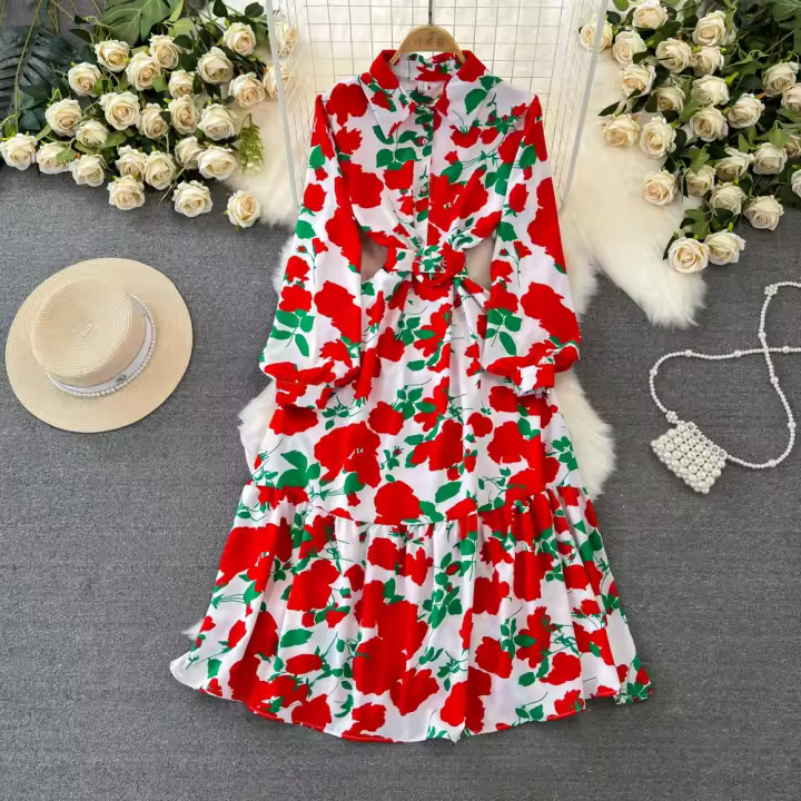 Vestido Largo De Mujer Estampado Floral Casual Con Mangas Largas Cuello Enrollado Vestido Bohemio Para Playa Y Fiesta - 1