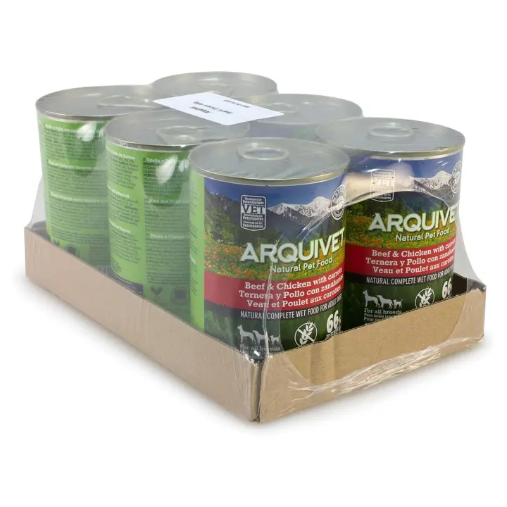 Lata Ternera y Pollo con zanahorias y aceite de salmón - Pack 6 unidades x 400g - Alimento Húmedo completo para perros adultos de todas las razas - Sin Cereales - 92% Ternera y Pollo - Arquivet - 1