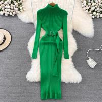 Vestido Maxi De Cuello Alto Para Mujer YuooMuoo 2024 Otoño Invierno Elegante Ajustado Con Cinturón Estilo Bodycon Tejido Ribbed Suave Y Elástico - details 0