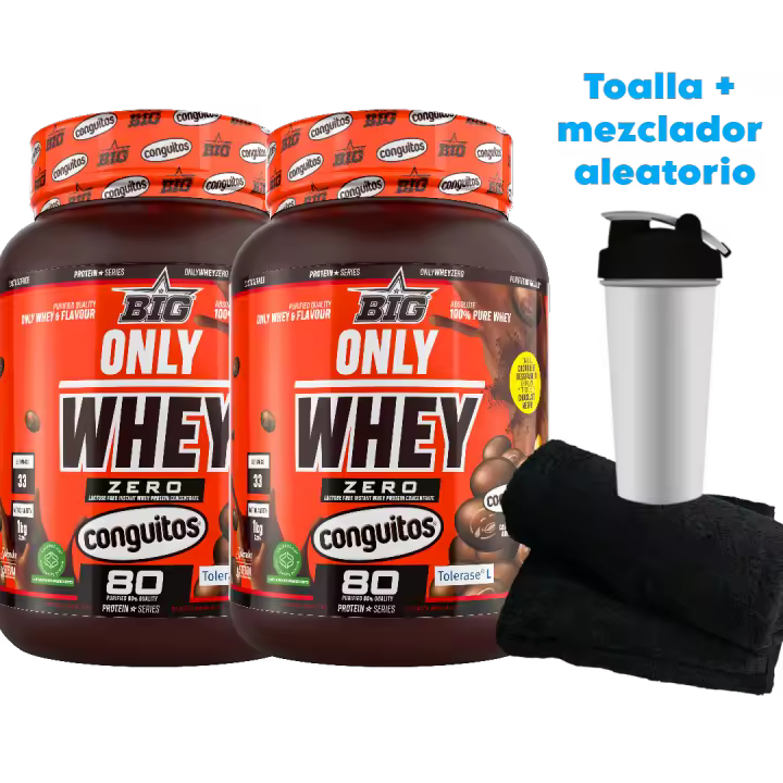 2X ONLY WHEY ZERO (2X1KG)  Conguitos Original - Big + toalla y  Mezclador aleatorio  Baja en lactosa  Baja en azúcares  Calidad garantizada  Deliciosa  Nutritiva - 1