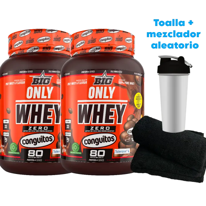 2X ONLY WHEY ZERO (2X1KG)  Conguitos Original - Big + toalla y  Mezclador aleatorio  Baja en lactosa  Baja en azúcares  Calidad garantizada  Deliciosa  Nutritiva - 1