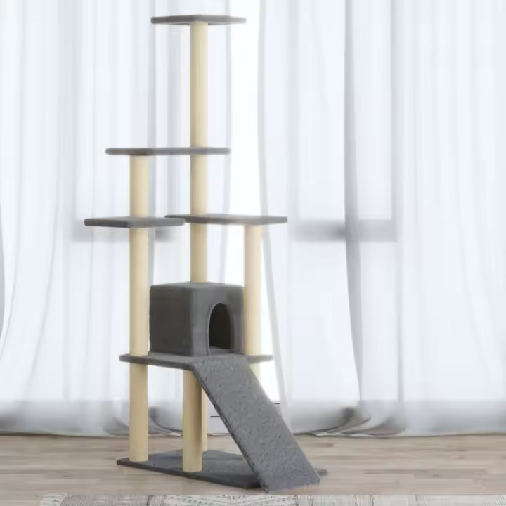 vidaXL Rascador para Gatos con Postes de Sisal 155 cm Torre Mascotas Color Crema,  Gris claro,  Gris oscuro y mas - 1