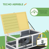PawHut Conejera de Madera con Ruedas 90x53x97 cm Jaula para Conejos de 2 Niveles con Techo Abatible Bandeja Extraíble Comedero y Rampa Gris y Blanco - details 4