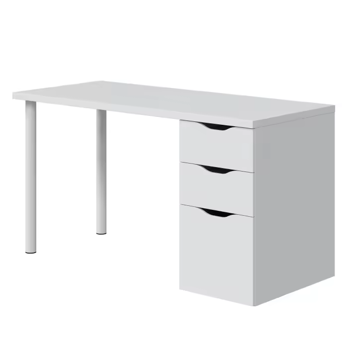 Meimon ATHENA Mesa despacho reversible 138x60 cm con buc integrado de 2 cajones y 1 puerta, tablero melaminizado E1, patas metálicas lacadas en blanco, guías metálicas, bisagras metálicas, cantos PVC, capacidad total 25 Kg, color Blanco Artik - 1